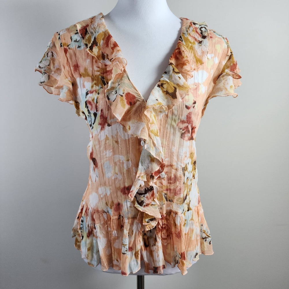 Violet & Claire Ruffle Blouse Womens Medium Peach Floral Peplum Cottage Coquette